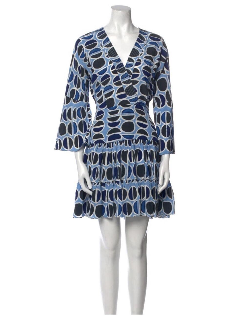 Alexis XL 100% Silk Blue Polka Dot Mini Dress Bell Sleeve Tie Waist Cocktail Af9